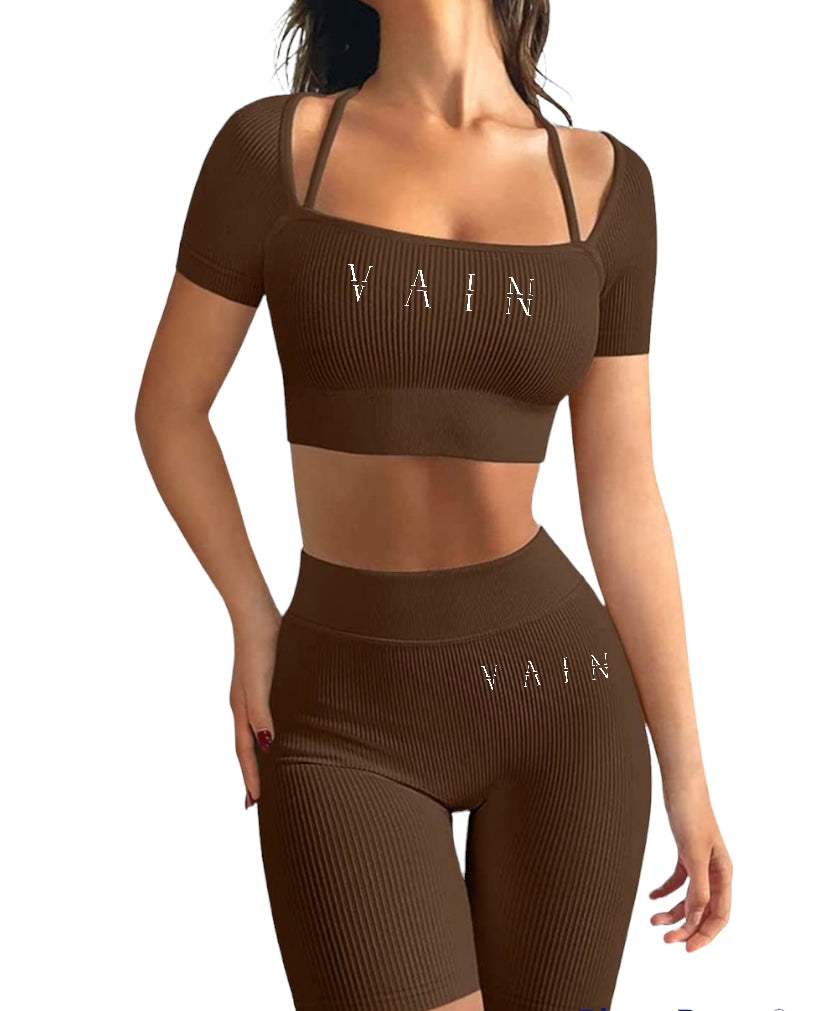 Vain’s 2 Piece Black Seamless Strap Crop Top High Waist Shorts Set