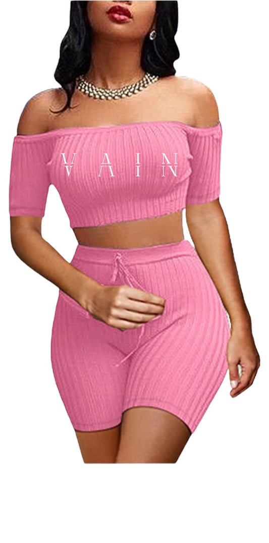 Vain’s Pink Off The Shoulder Top Drawstring Shorts Set