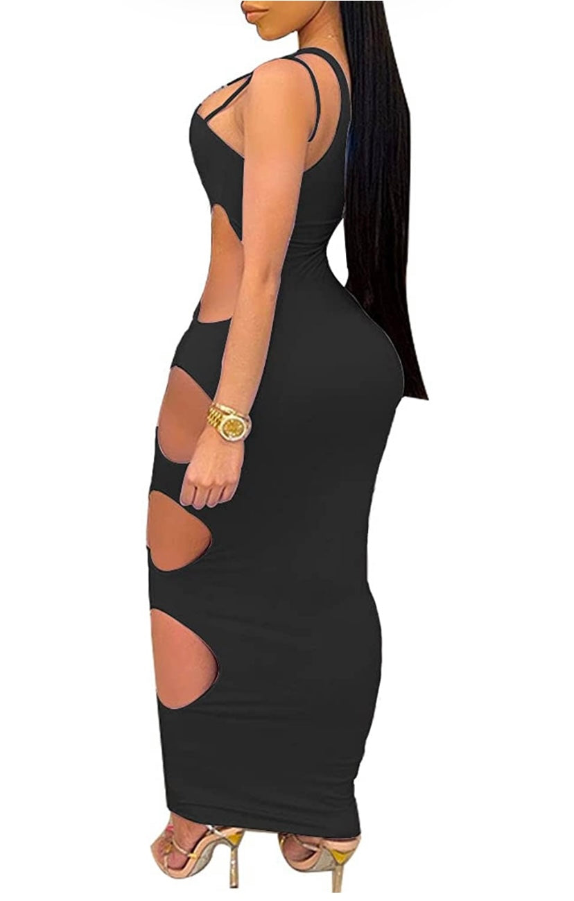 Vain’s Black One Shoulder Sleeveless Side Cutout  Long Dress