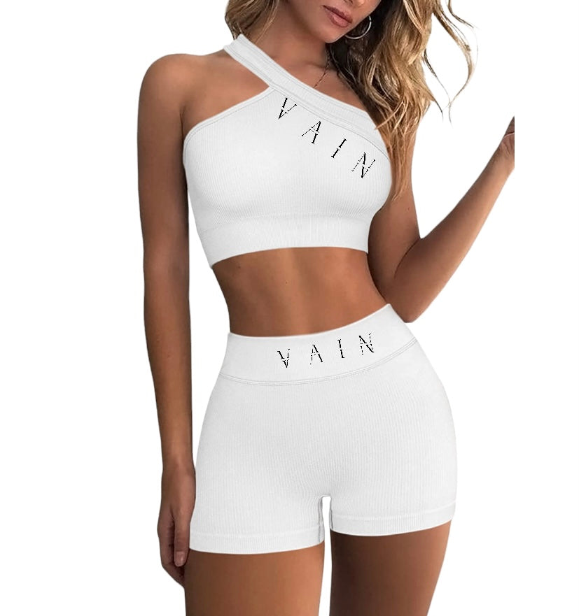 Vain’s 2 Piece White One Shoulder Crop Top High Waist Shorts