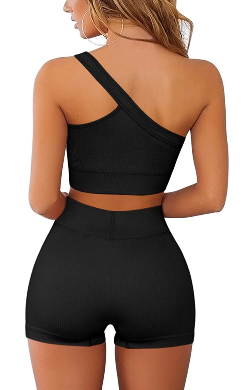 Vain’s 2 Piece Black One Shoulder Crop Top High Waist Shorts