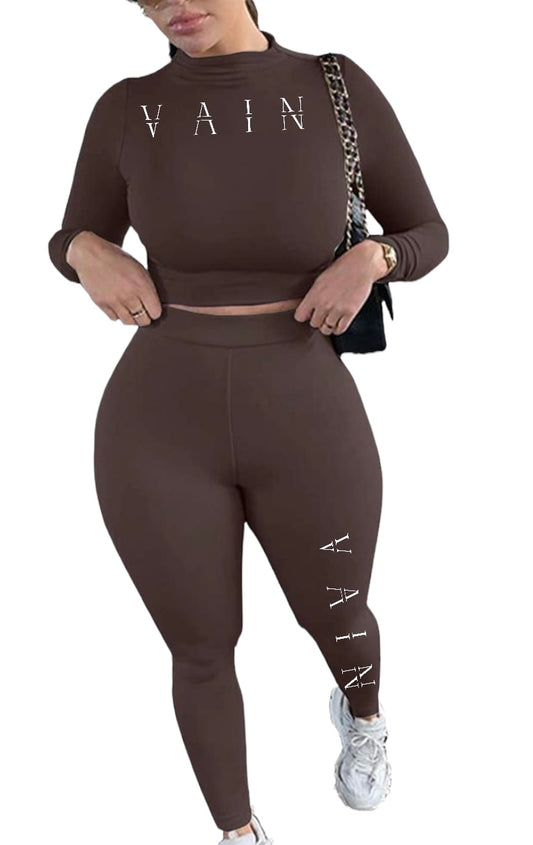 Vain’s Brown 2 Piece Long Sleeve Crop Top Pants Set