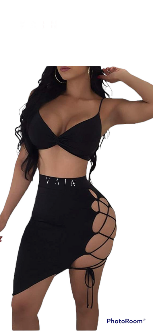 Vain’s Two Piece Crop Top Spaghetti Strap Lace Up Skirt