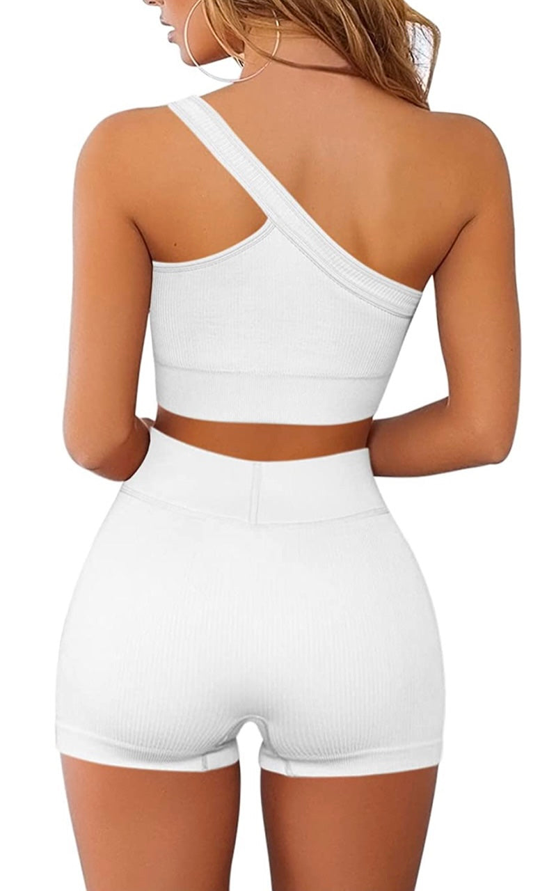 Vain’s 2 Piece White One Shoulder Crop Top High Waist Shorts