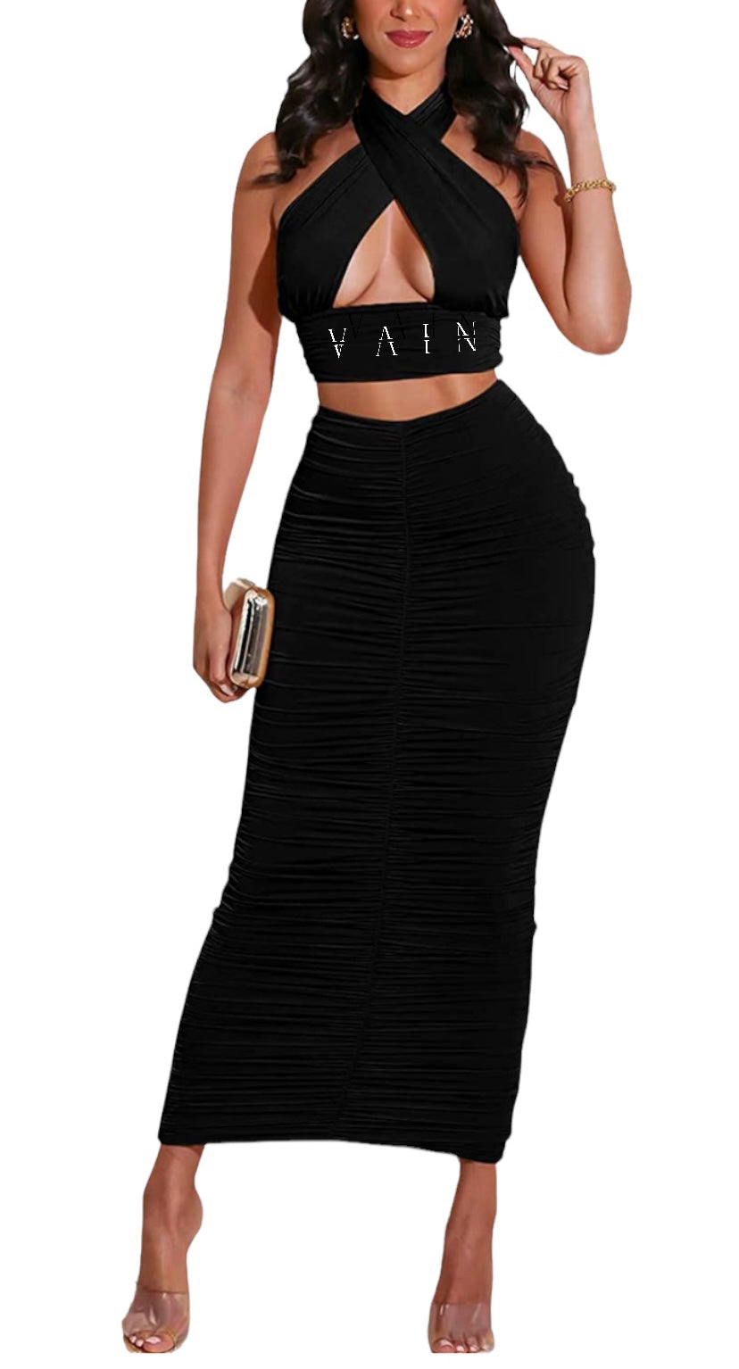 Vain’s Black 2 Piece Cropped Cross Halter Top with Ruched Long Skirt