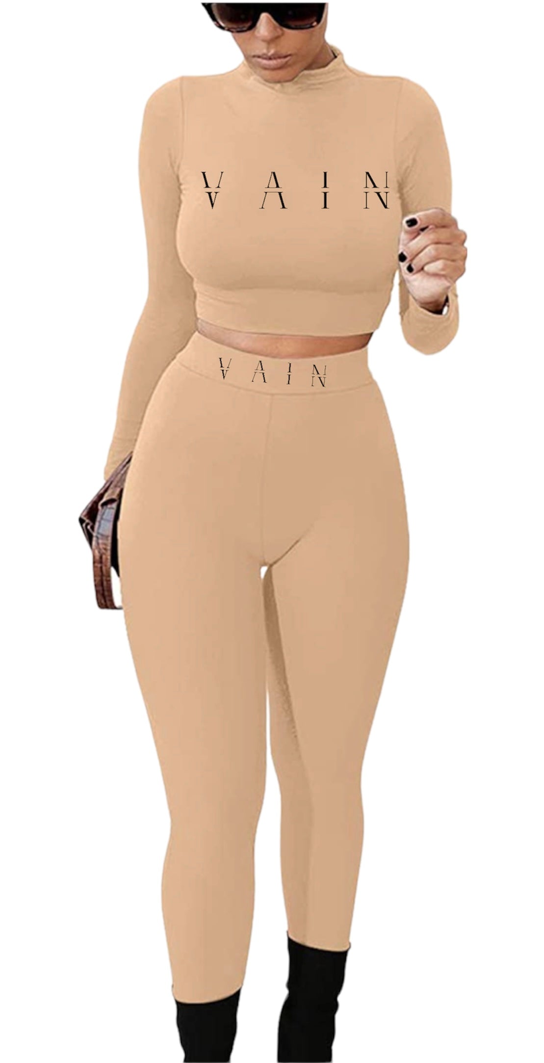 Vain’s Tan Long Sleeve Crop Top Pants Set