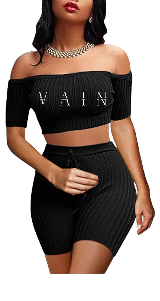 Vain’s Black Off The Shoulder Top Drawstring Shorts Set