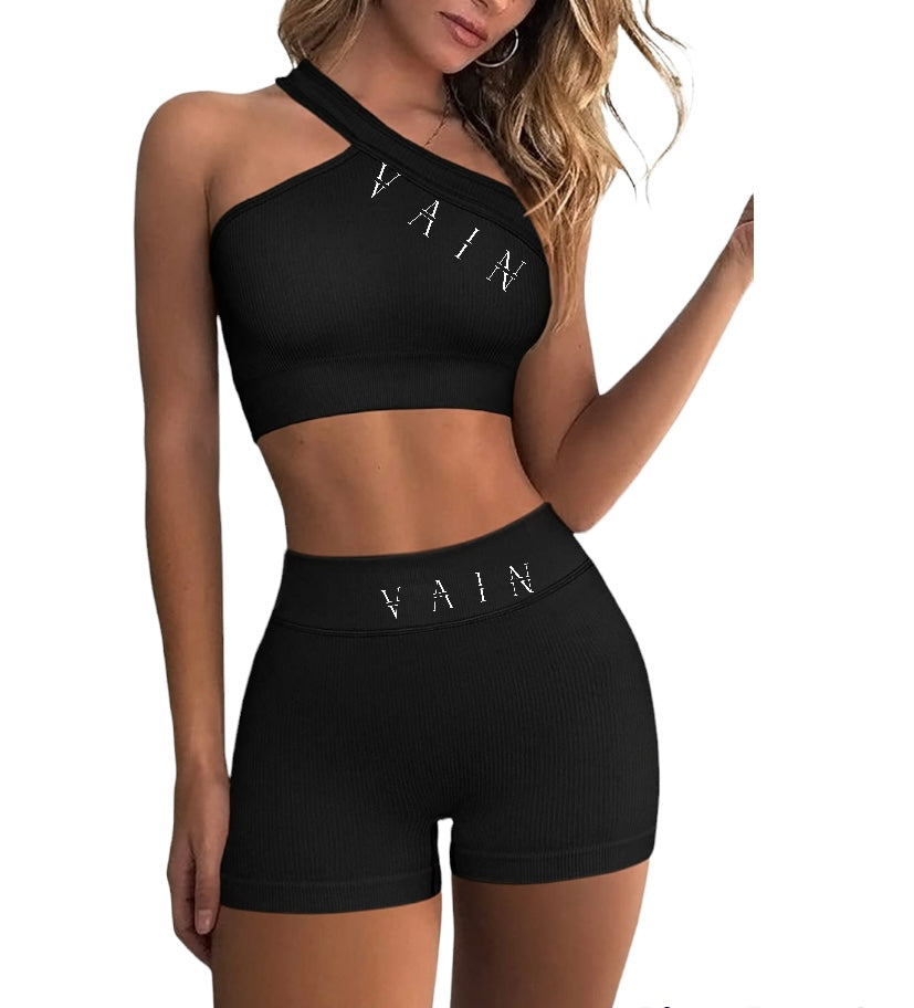 Vain’s 2 Piece Black One Shoulder Crop Top High Waist Shorts